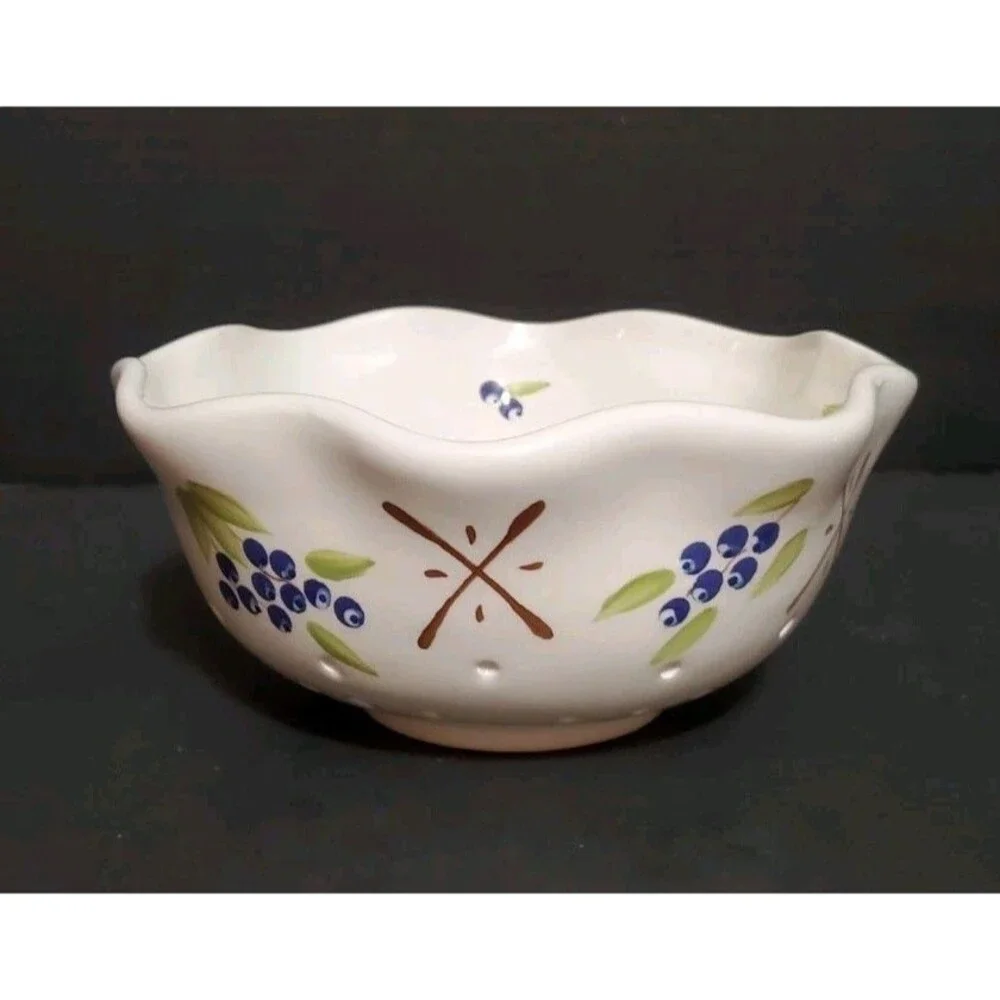 Colander Scalloped Rim Bowl Hand Painted Ceramic W/ Blueberry & Leaf Design